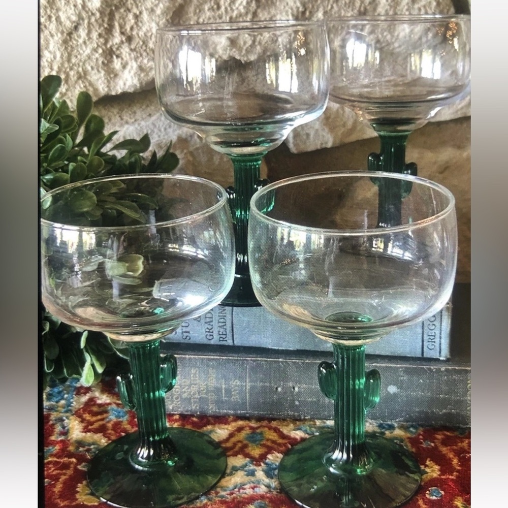 Libbey‎ Set of 4 Cactus Margarita Glasses 16oz Green Stem Barware Excellent